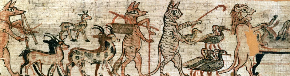 El Papiro Satírico, (detalle) del lado derecho de un gato pastoreando gansos y un león momificando un burro, de Tebas, c.1100 a.C.